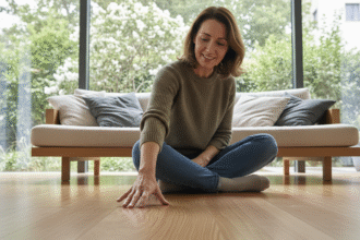 Femme assise sur un sol en bambou dans un salon moderne