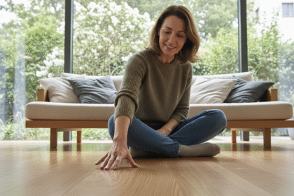 Femme assise sur un sol en bambou dans un salon moderne