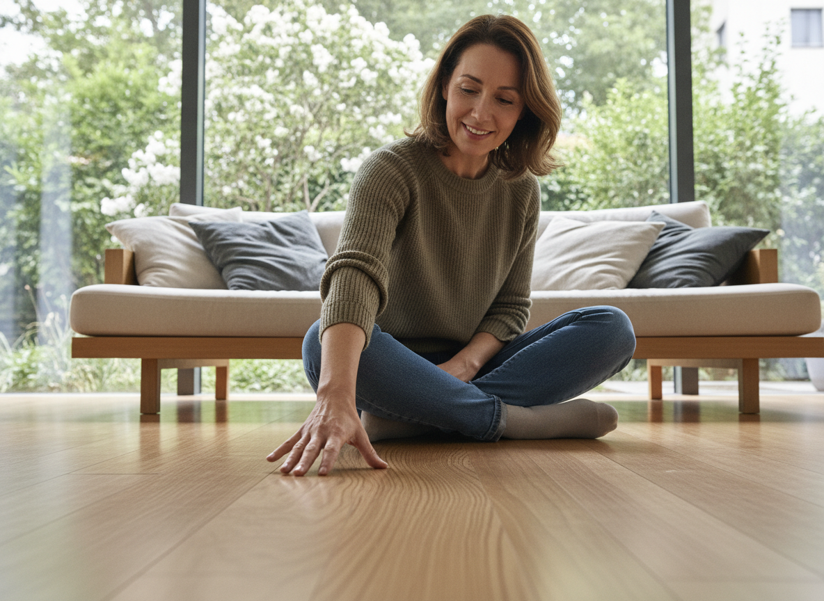 Femme assise sur un sol en bambou dans un salon moderne