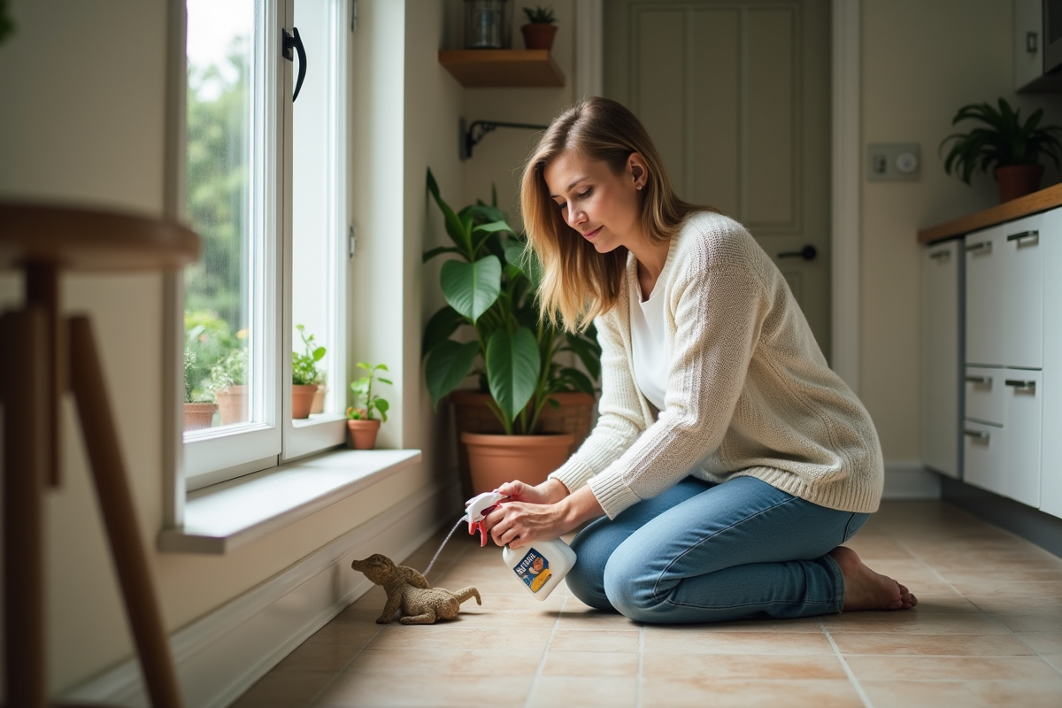 Femme à la maison appliquant un répulsif contre les reptiles
