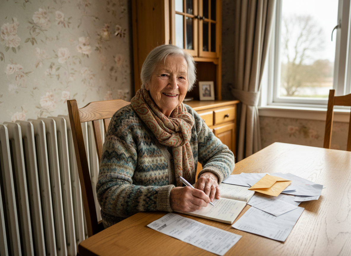 Femme âgée souriante vérifiant ses factures de chauffage à la maison