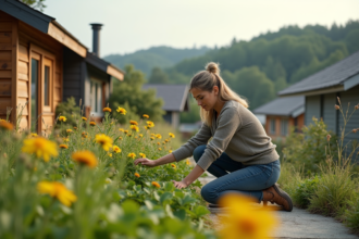 Femme inspectant un jardin sur un toit vert écologique