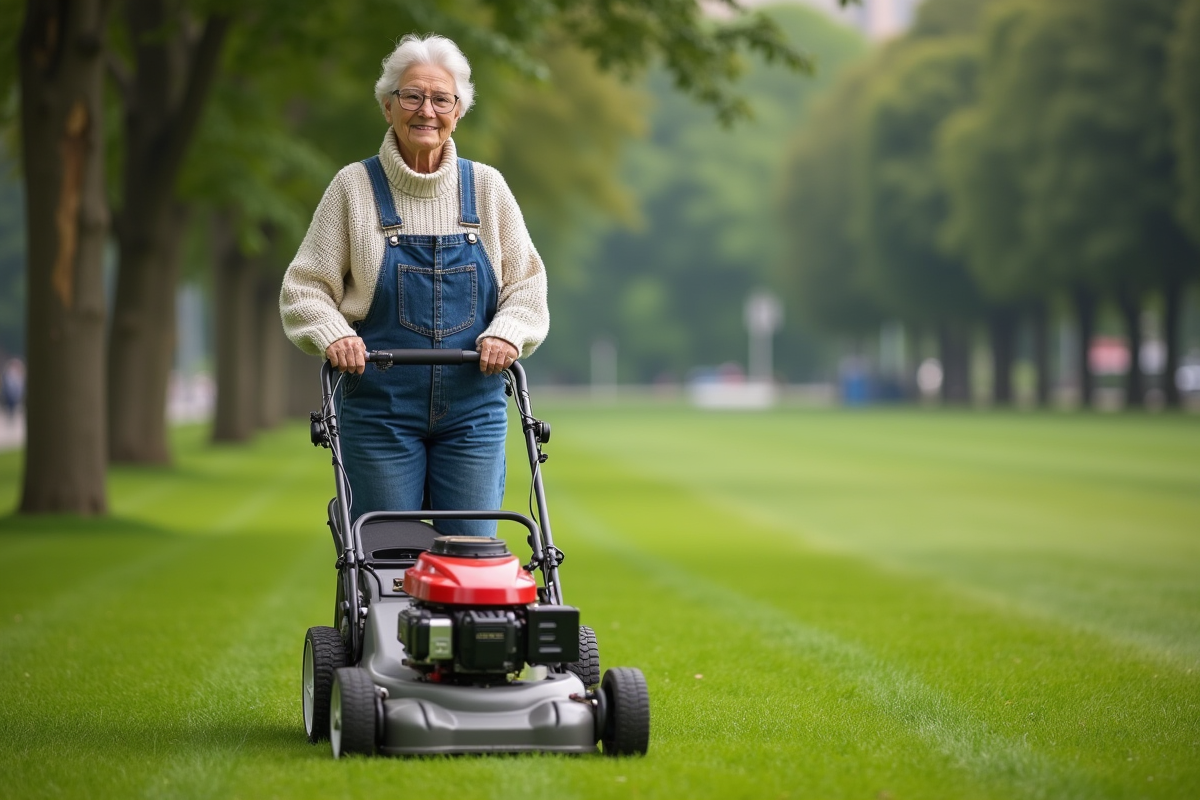 Femme senior poussant une tondeuse dans un parc