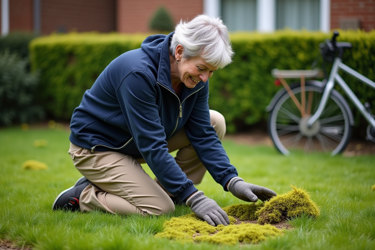 Femme examinant la mousse sur la pelouse avec attention