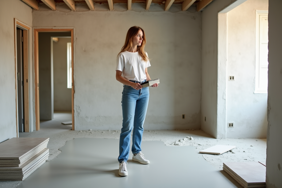 Jeune femme inspecte un sol en béton avec une spatule et une tuile