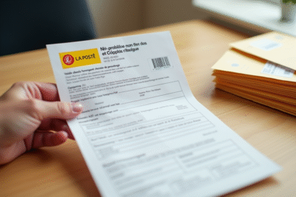 Main tenant un formulaire La Poste avec enveloppes empilees