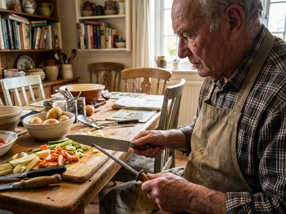 Homme âgé aiguisant un couteau dans la cuisine chaleureuse