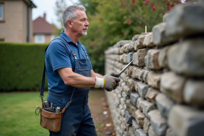 Homme en overalls bleus construit un mur en pierre