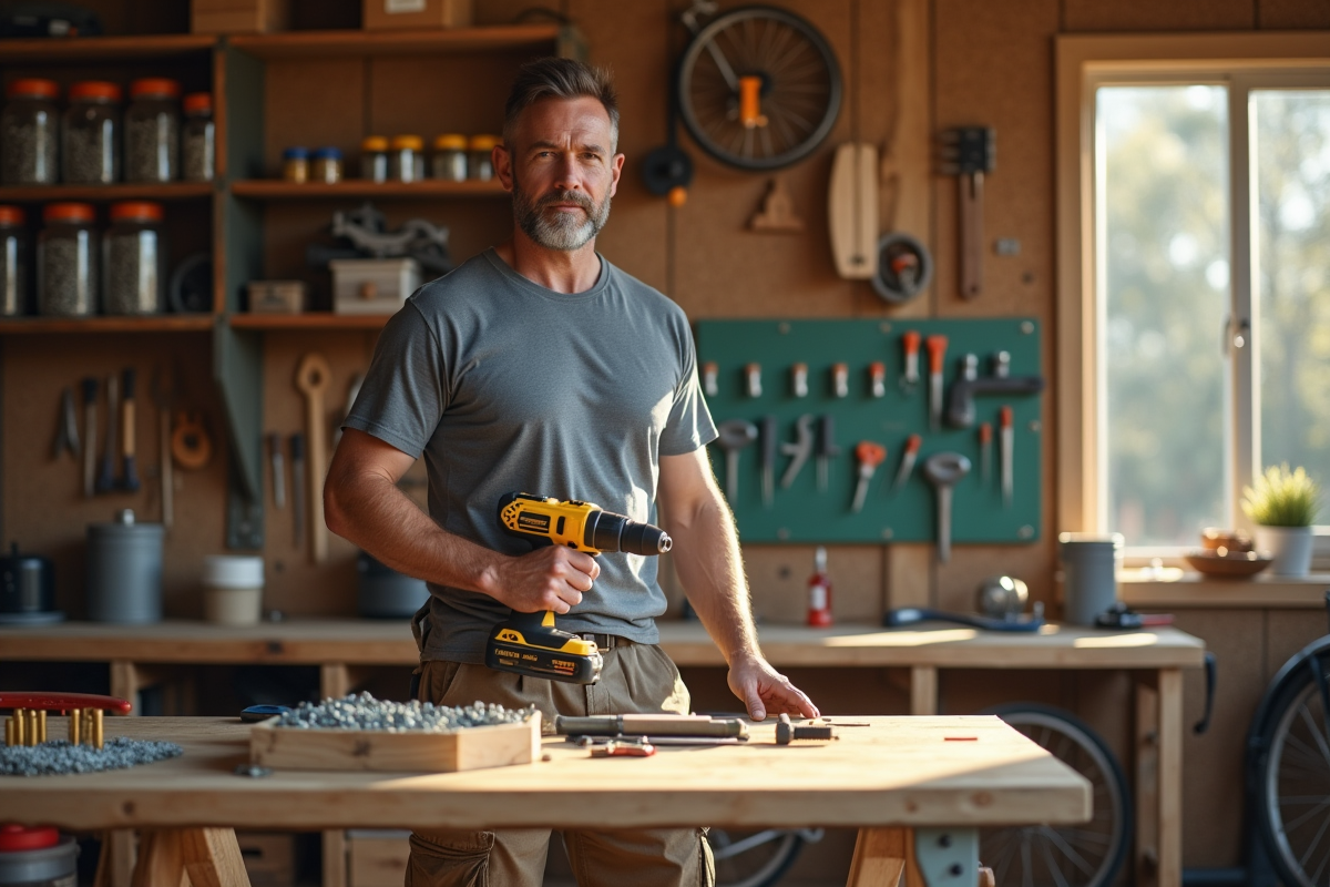 Homme avec perceuse dans un garage organisé et lumineux