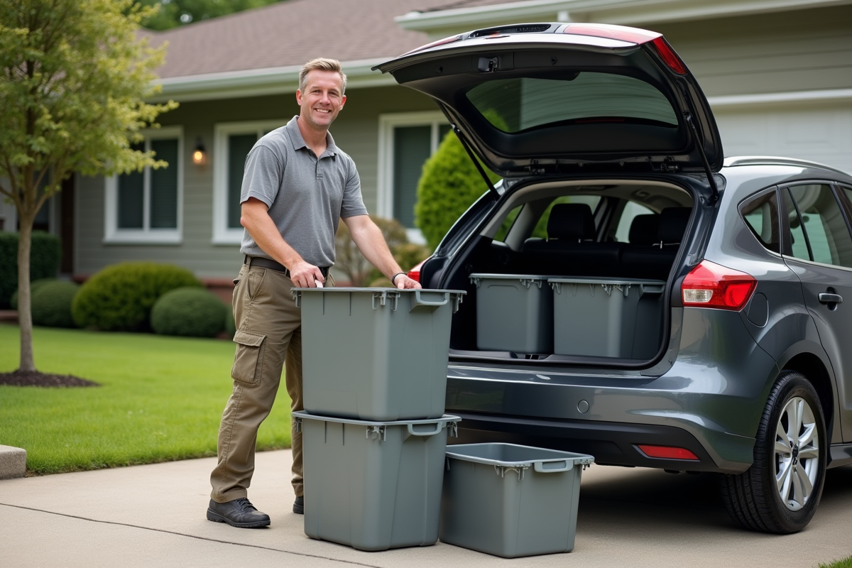 Homme chargeant des bacs plastiques dans une voiture en extérieur