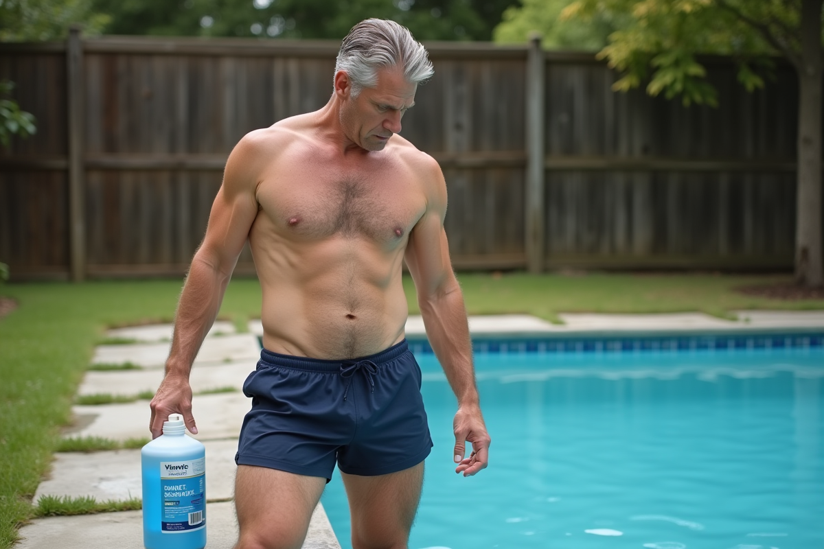 Homme d'âge moyen vérifiant un contenant de chlore près de la piscine