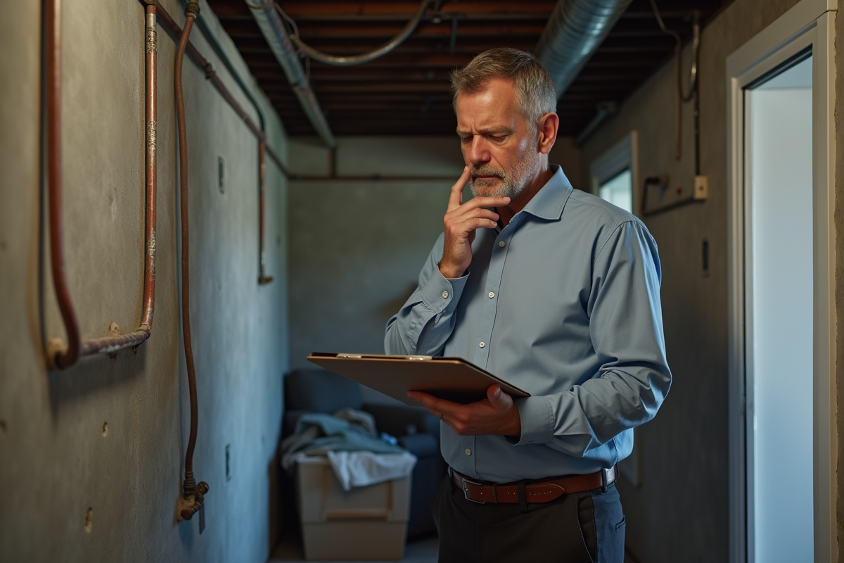 Homme inspectant un sous-sol en travaux avec un clipboard