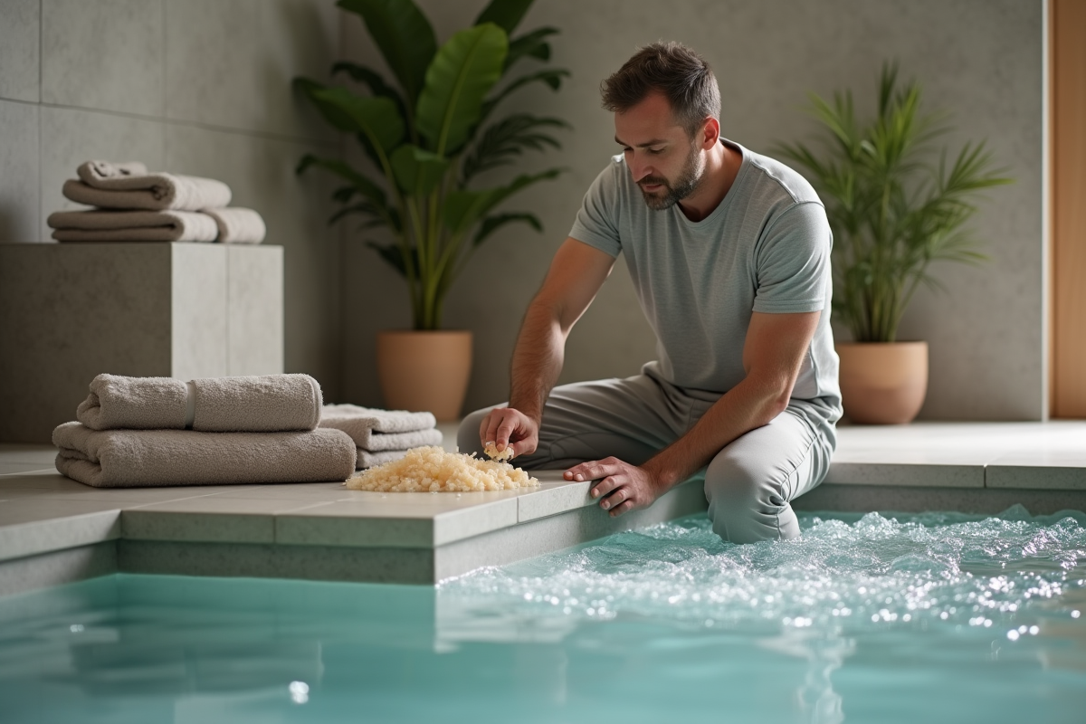 Homme ajoutant des cristaux dans un spa intérieur moderne