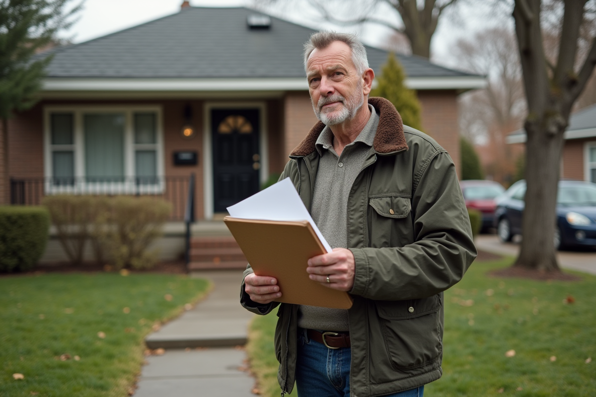 Homme dâge moyen devant une maison de banlieue