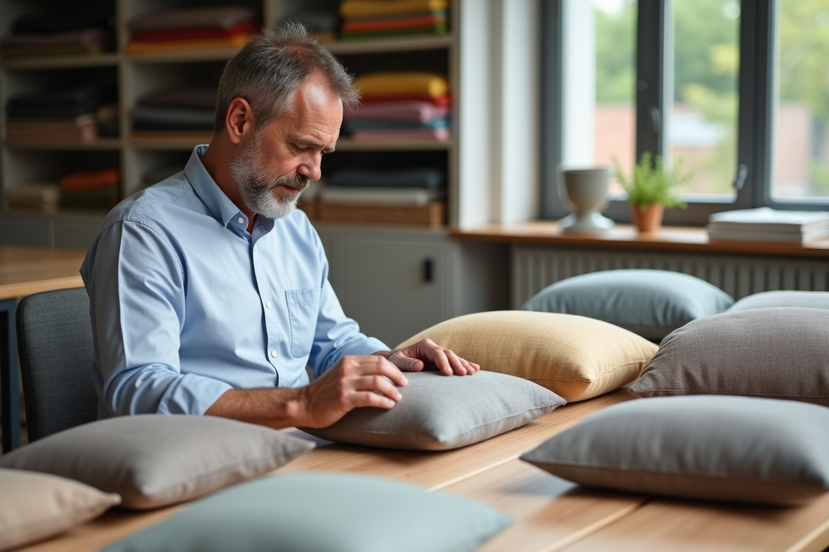 Homme examinant des échantillons de tissus pour coussins dans un studio lumineux