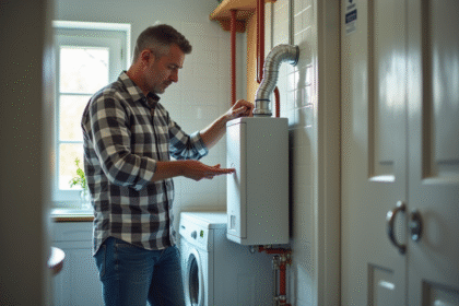 Homme regardant un chauffe-eau moderne dans une pièce lumineuse
