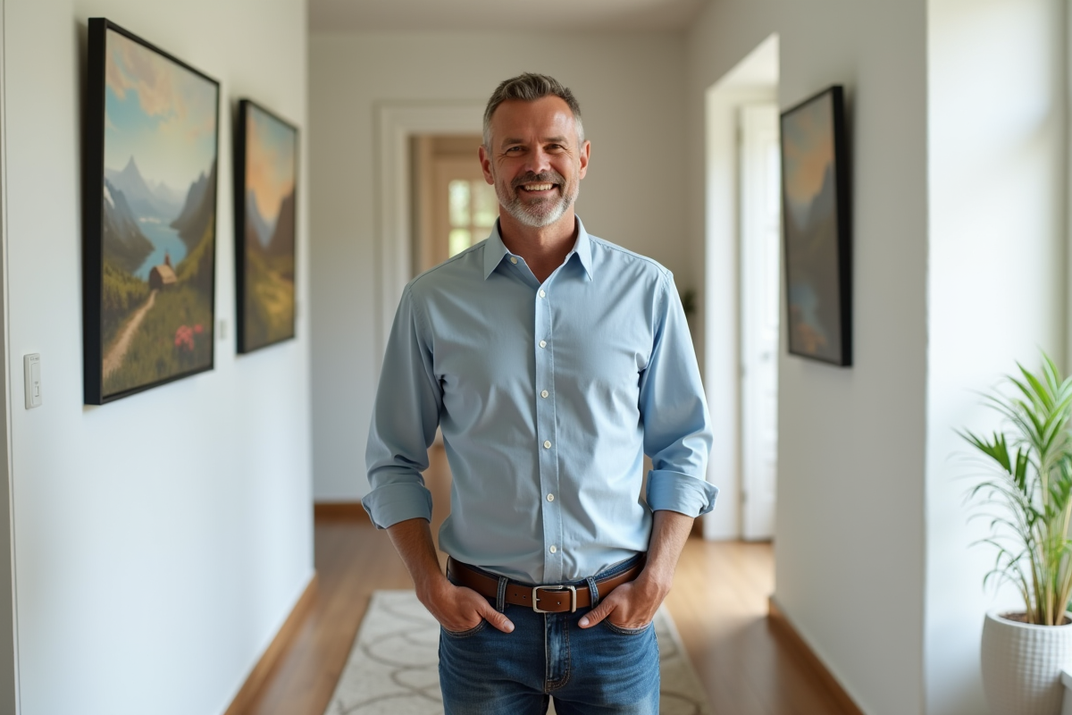 Homme dans un couloir avec tableaux de paysage alignés