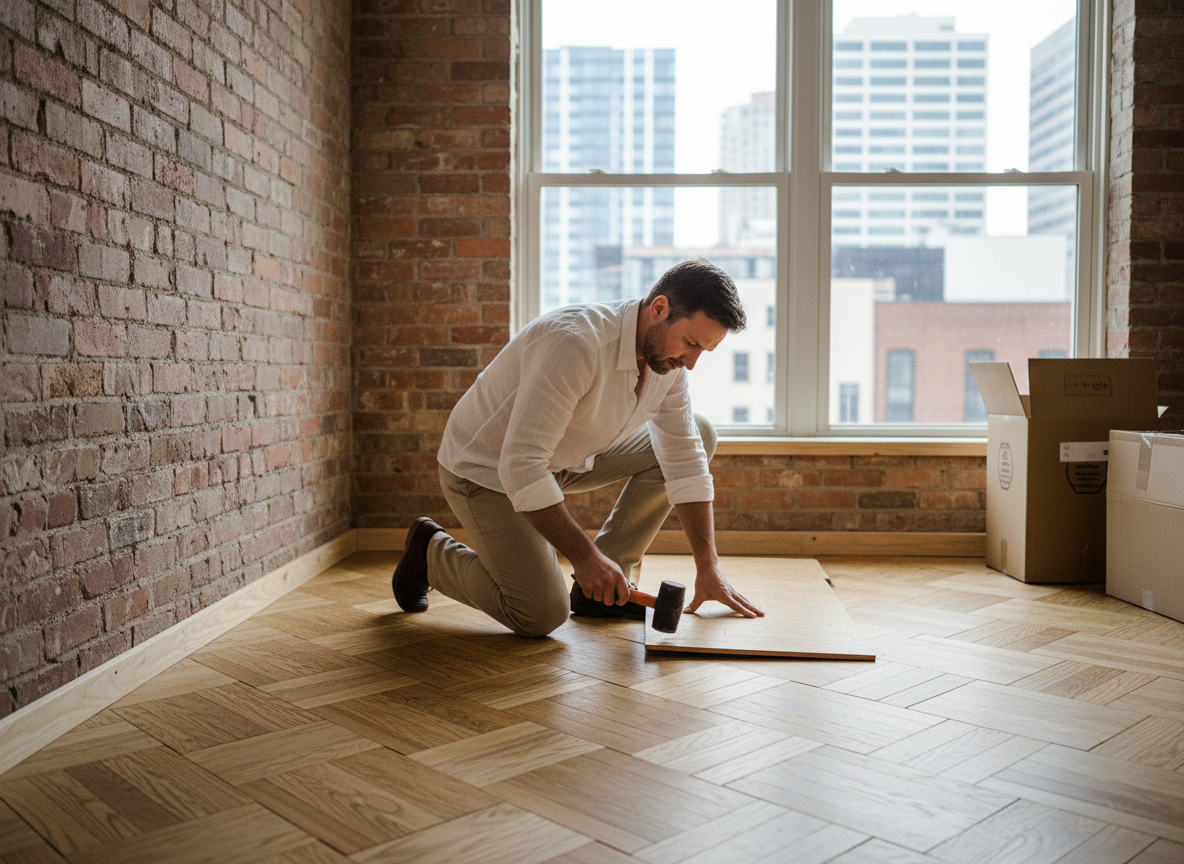Homme posant des planches de bambou dans un appartement lumineux