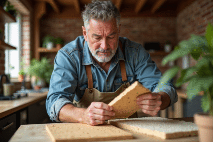 Homme comparant des isolants naturels dans une cuisine lumineuse