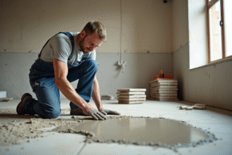 Ouvrier en overalls pose du mortier sur un sol en béton