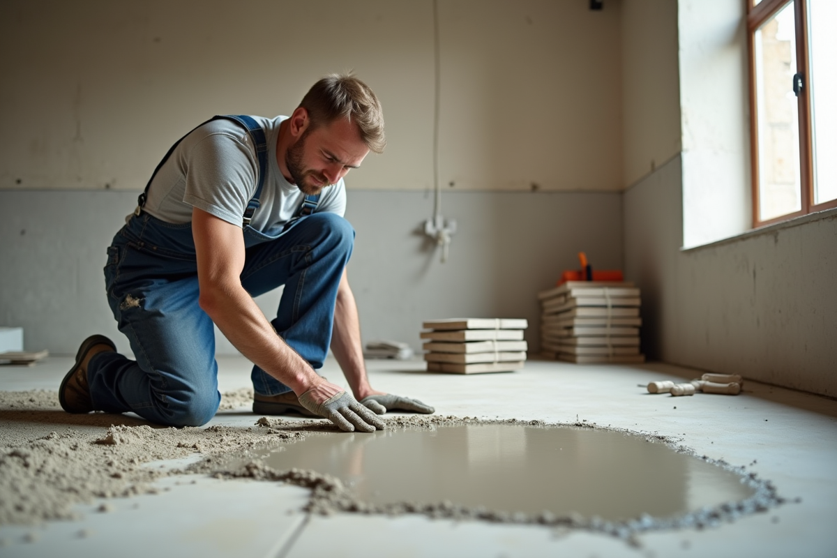 Ouvrier en overalls pose du mortier sur un sol en béton
