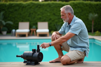 Homme en été vérifiant la pompe de la piscine dans le jardin