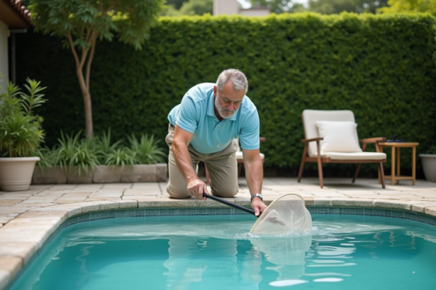 Homme d'âge moyen nettoyant une piscine dans le jardin