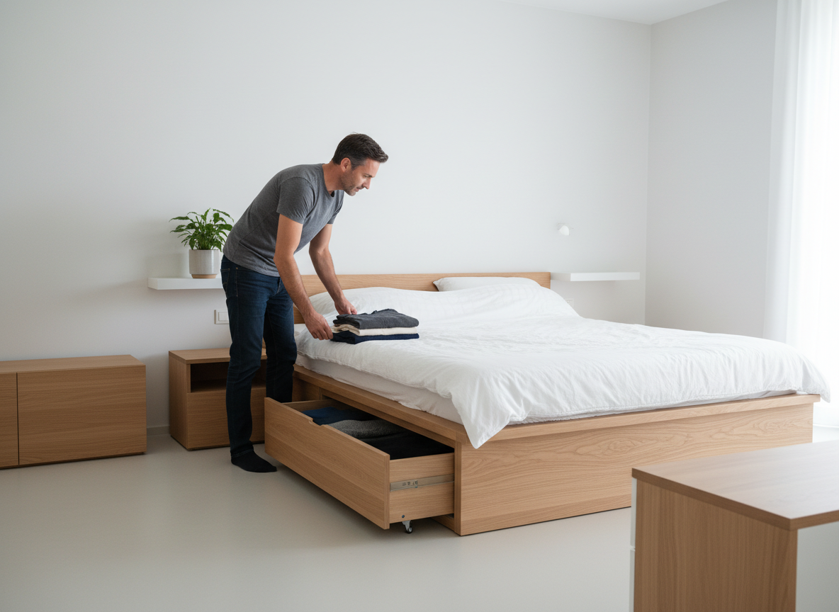 Homme ouvrant un tiroir cache dans une chambre minimaliste