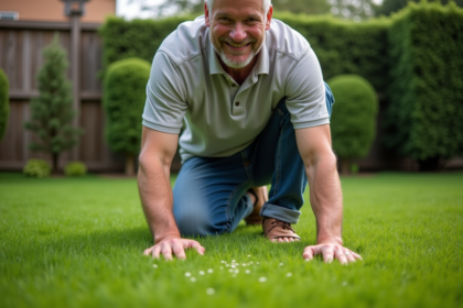 Homme moyenâgeux en polo et jeans semant la pelouse