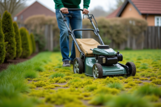 Homme d'âge moyen tondant la mousse dans un jardin