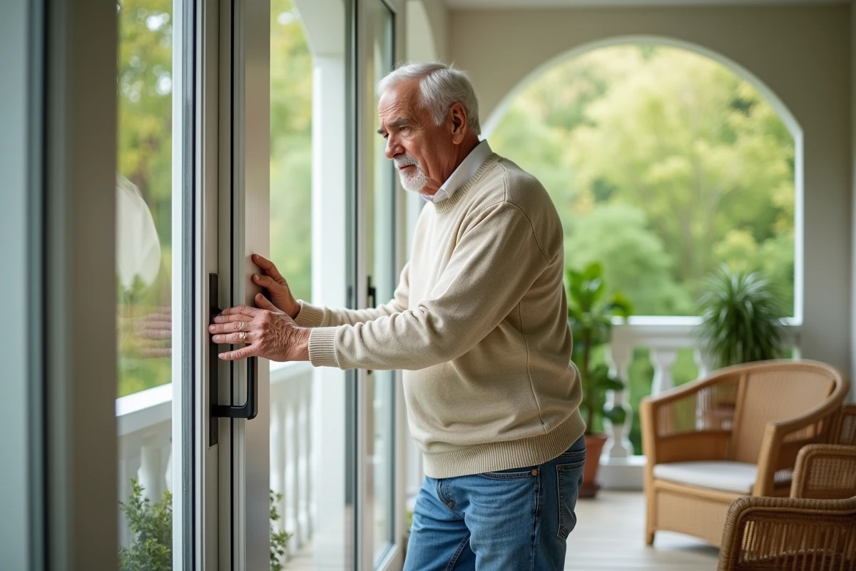 Homme examinant une porte vitrée dans la véranda lumineuse