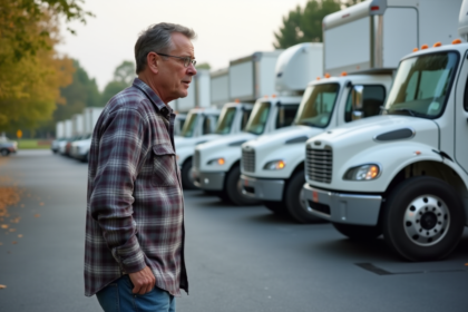 Homme d'âge moyen comparant des camions de déménagement dans un parking