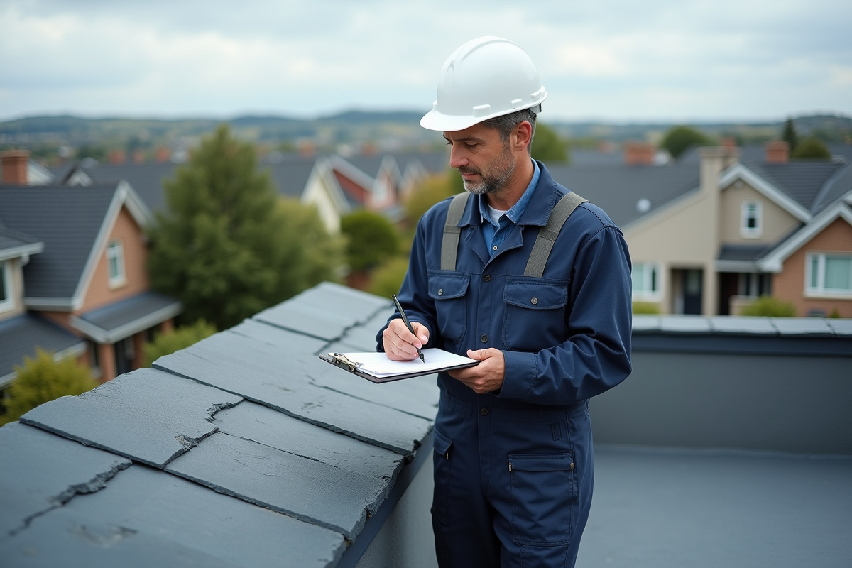 Entrepreneur en toiture inspectant une tuile sur le toit
