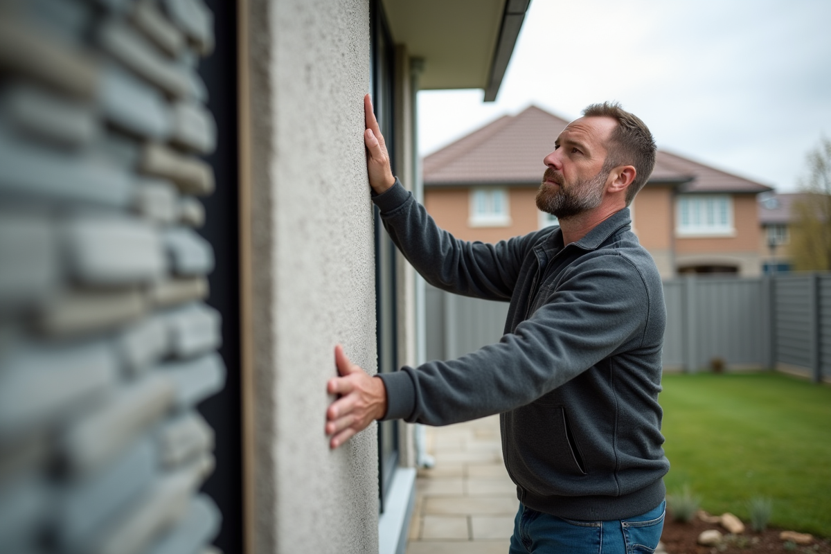 Homme posant une grande panneau d'isolation extérieure sur une maison moderne