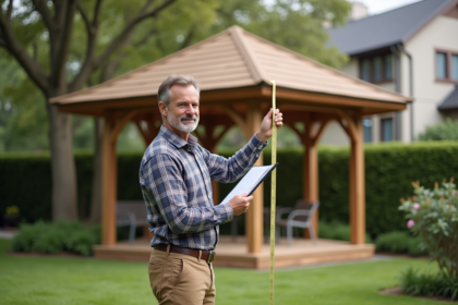 Homme jardinier mesurant un gazebo en bois dans un jardin