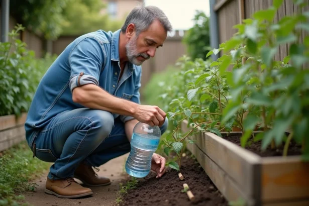 Homme adulte plantant une bouteille d'eau dans un jardin urbain