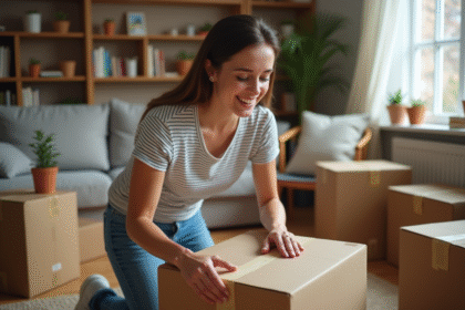 Jeune femme emballant des cartons dans un salon chaleureux