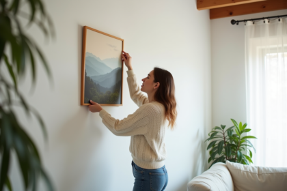 Jeune femme accrochant un tableau dans un salon cosy
