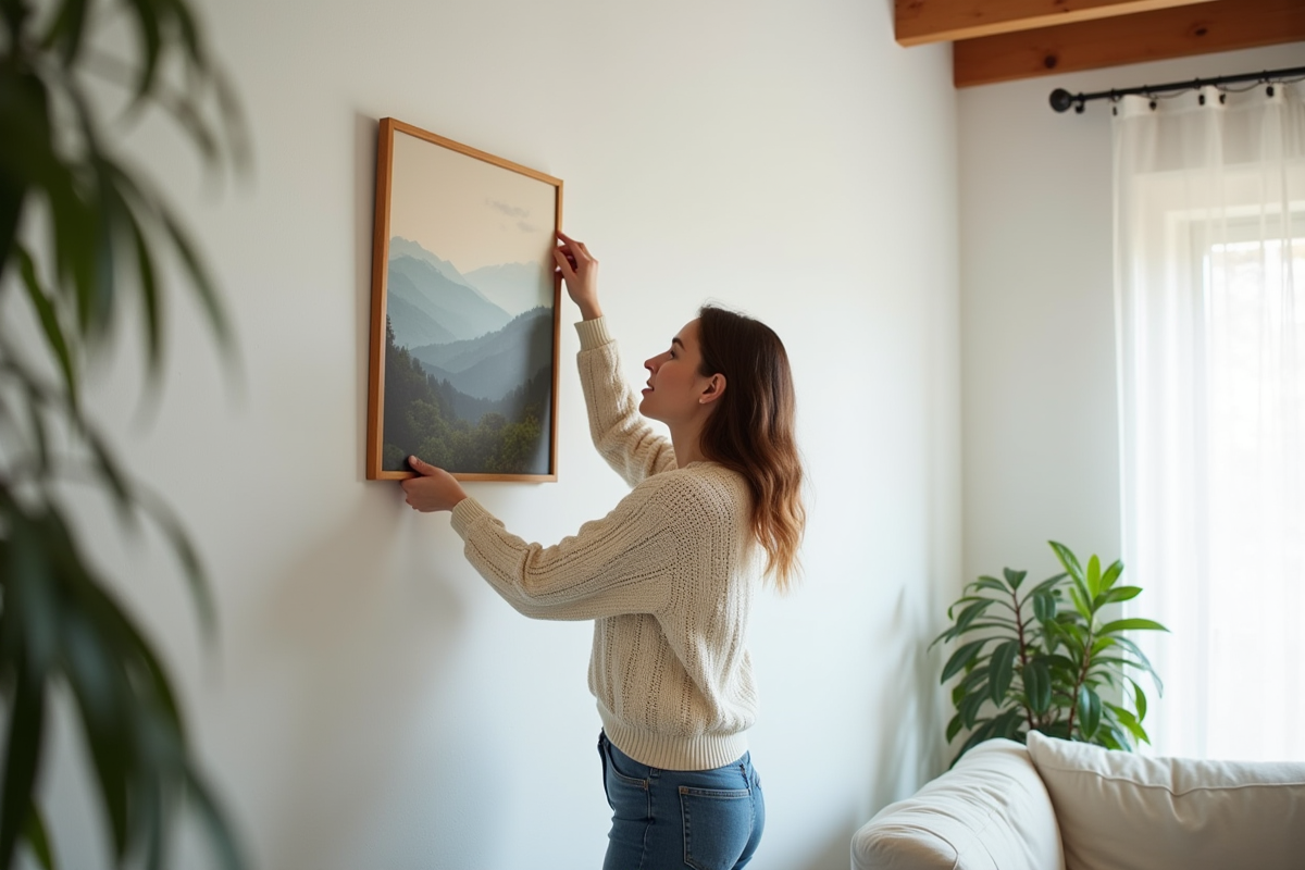 Jeune femme accrochant un tableau dans un salon cosy