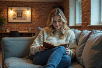 Jeune femme lisant dans un salon de sous-sol moderne