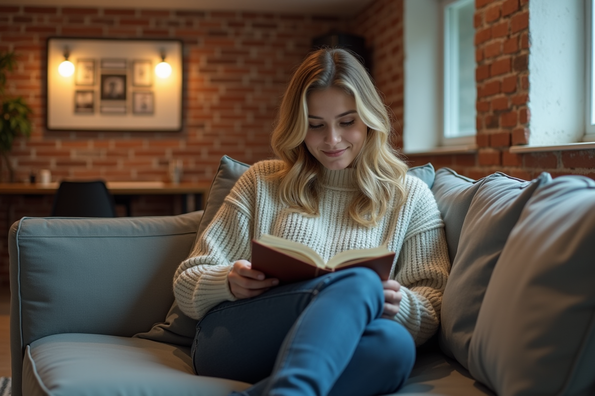 Jeune femme lisant dans un salon de sous-sol moderne