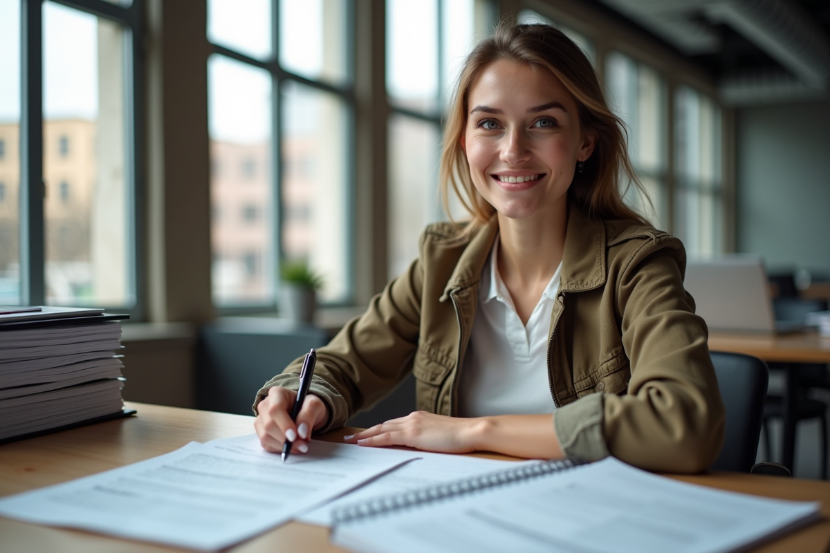 Jeune femme en bureau moderne remplissant des papiers