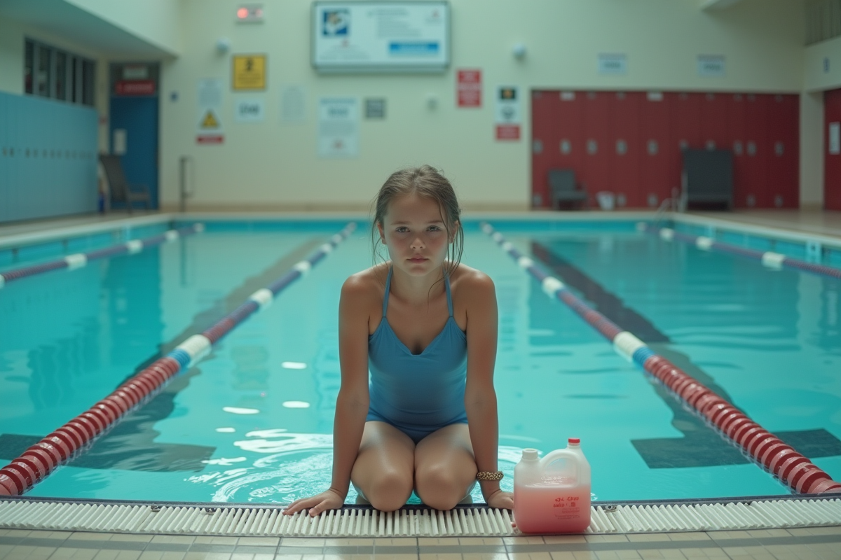 Jeune fille en maillot bleu au bord de la piscine intérieure