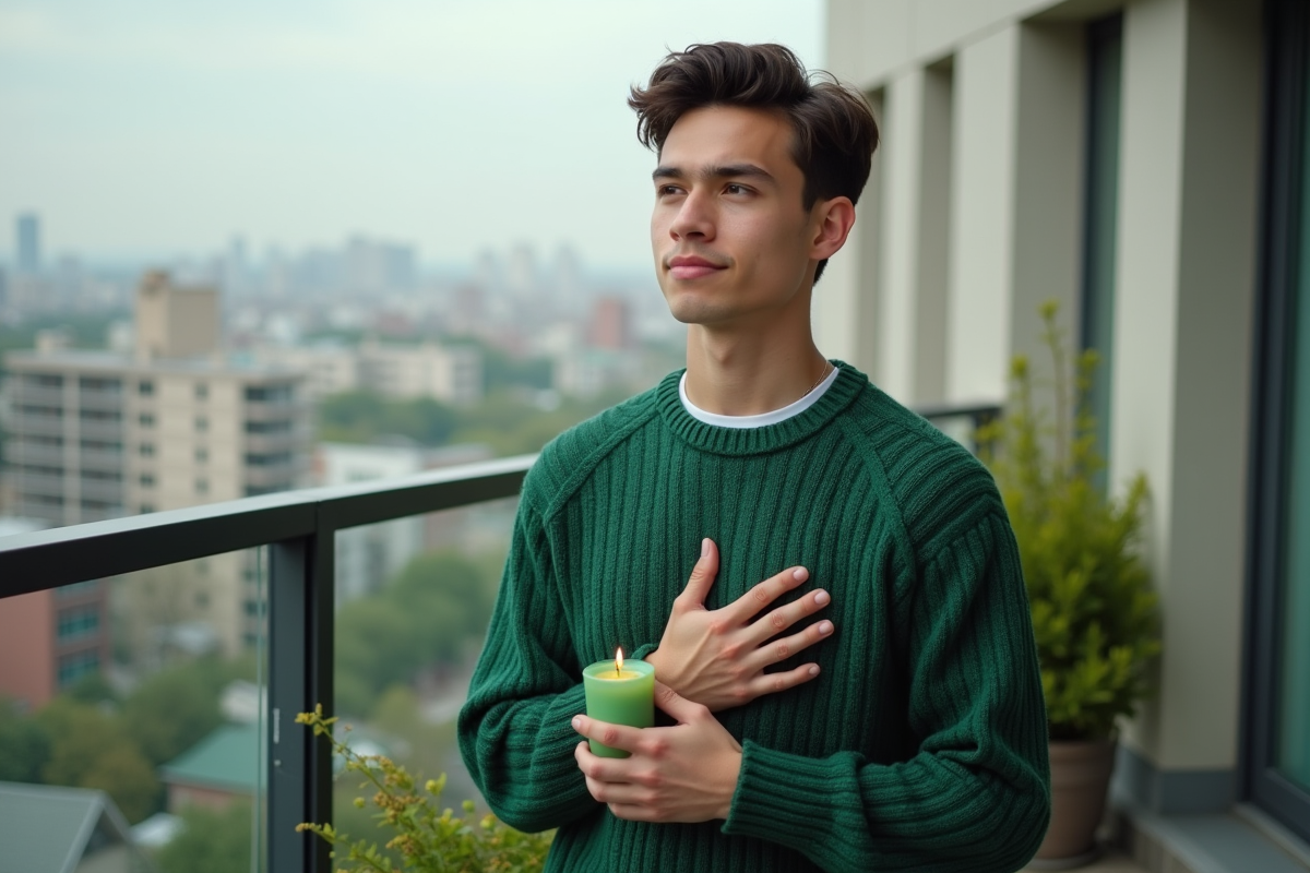 Jeune homme en pull vert tenant une bougie sur un balcon urbain