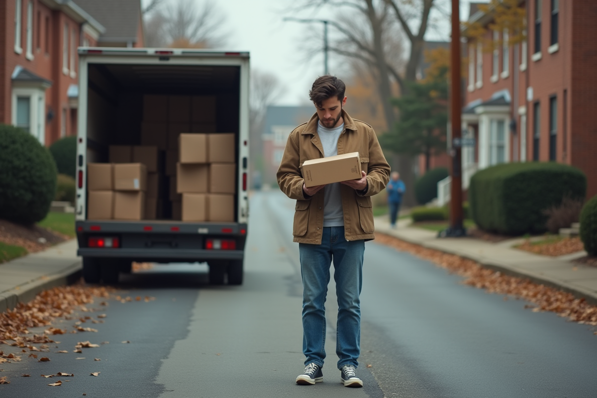 Jeune homme avec boîte près d’un camion de déménagement