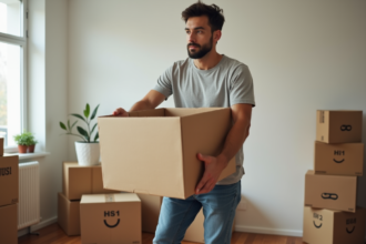 Jeune homme soulevant une caisse dans un salon organisé