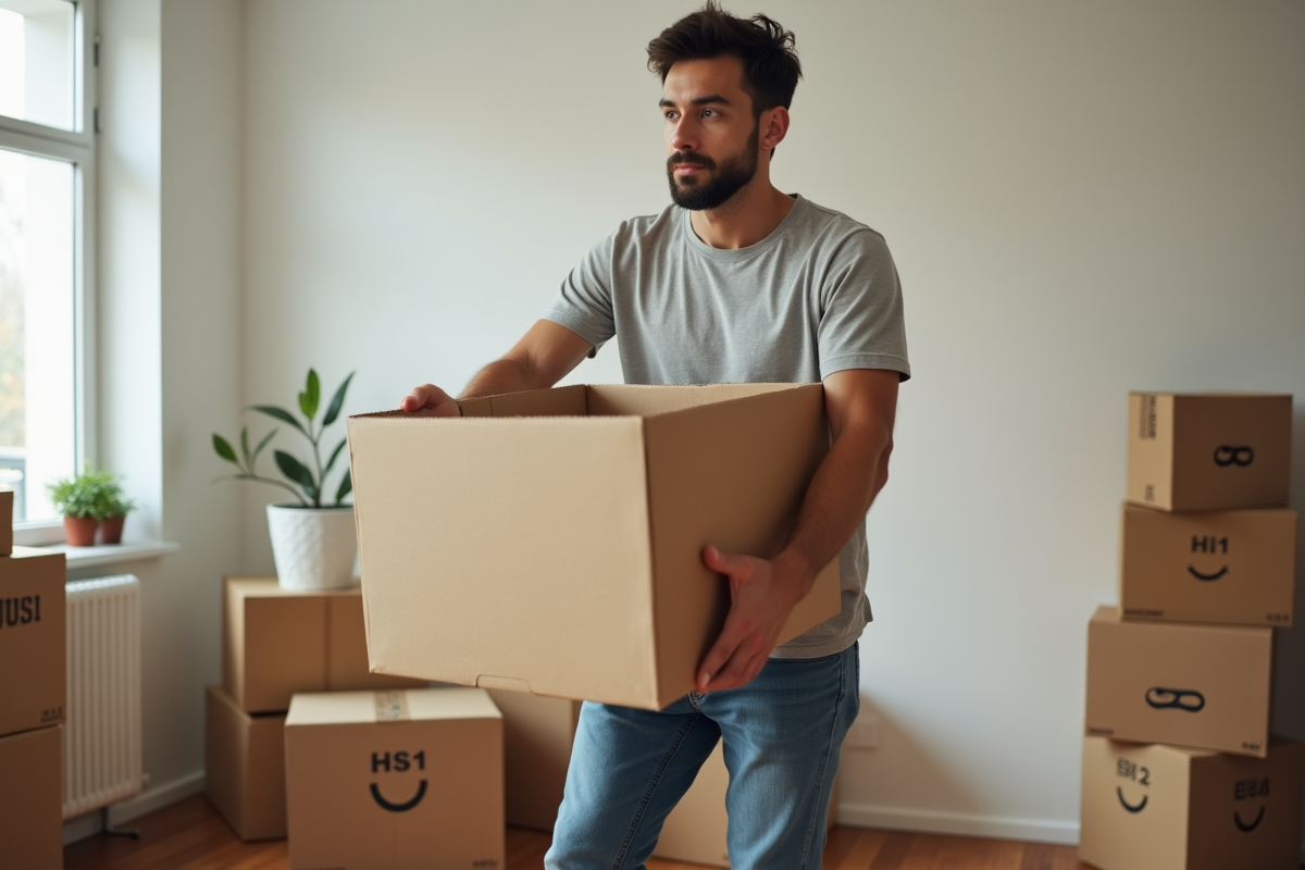 Jeune homme soulevant une caisse dans un salon organisé