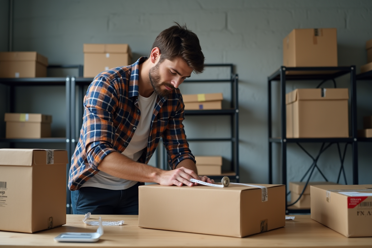 Jeune homme scellant un colis fragile dans un bureau moderne
