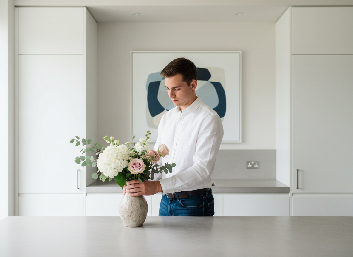 Jeune homme arrangeant des fleurs dans une cuisine moderne