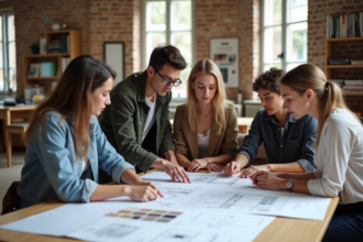 Groupe d'étudiants en design autour de plans architecturaux